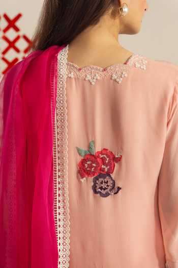 Shop_Radha Sharma_Peach Georgette, Crepe, Organza Border Embroidered Kurta Set _at_Aza_Fashions