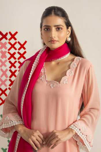 Radha Sharma_Peach Georgette, Crepe, Organza Border Embroidered Kurta Set _at_Aza_Fashions
