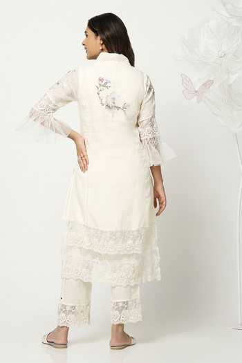 Shop_Kaveri_Off White Linen V-neck, Yes A Window To Eden Kurta And Pant Set _at_Aza_Fashions