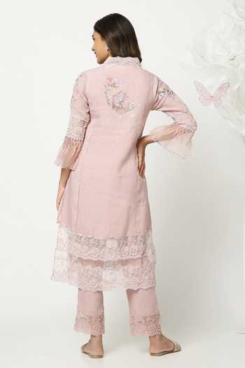 Shop_Kaveri_Pink Linen V-neck, Yes A Window To Eden Kurta Pant Set _at_Aza_Fashions