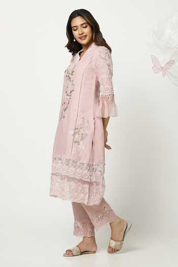 Kaveri_Pink Linen V-neck, Yes A Window To Eden Kurta Pant Set _Online_at_Aza_Fashions
