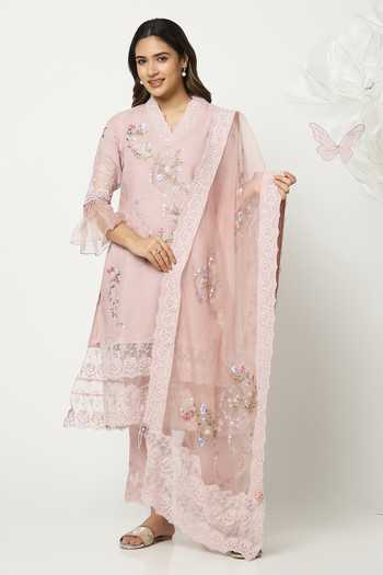 Buy_Kaveri_Pink Linen V-neck, Yes A Window To Eden Kurta Pant Set _Online_at_Aza_Fashions