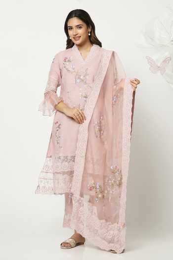 Shop_Kaveri_Pink Linen V-neck, Yes A Window To Eden Kurta Pant Set _Online_at_Aza_Fashions