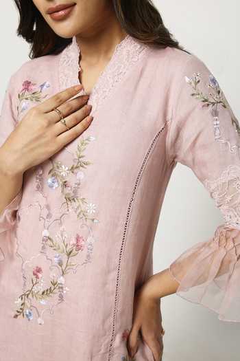 Kaveri_Pink Linen V-neck, Yes A Window To Eden Kurta Pant Set _at_Aza_Fashions