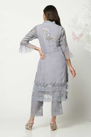 Shop_Kaveri_Blue Linen V-neck A Window To Eden Kurta And Pant Set _at_Aza_Fashions