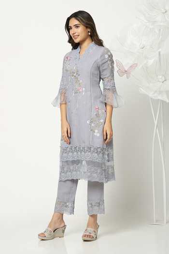 Buy_Kaveri_Blue Linen V-neck A Window To Eden Kurta And Pant Set _Online_at_Aza_Fashions