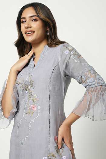 Shop_Kaveri_Blue Linen V-neck A Window To Eden Kurta And Pant Set _Online_at_Aza_Fashions