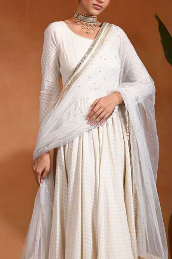 Rishi And Vibhuti_Ivory Cotton, Jacquard, Net Round Neck Chand Woven Anarkali Pant Set _Online_at_Aza_Fashions