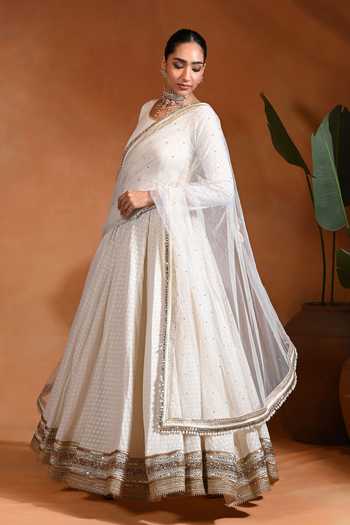 Buy_Rishi And Vibhuti_Ivory Cotton, Jacquard, Net Round Neck Chand Woven Anarkali Pant Set _Online_at_Aza_Fashions