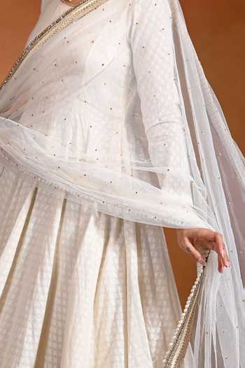 Shop_Rishi And Vibhuti_Ivory Cotton, Jacquard, Net Round Neck Chand Woven Anarkali Pant Set _Online_at_Aza_Fashions