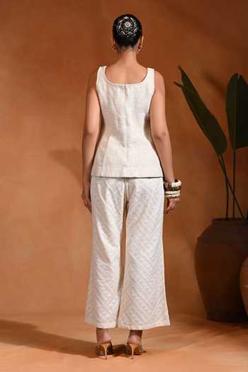 Shop_Rishi and Vibhuti_Ivory Cotton, Jacquard Square Neck Ujla Top Pant Set _at_Aza_Fashions