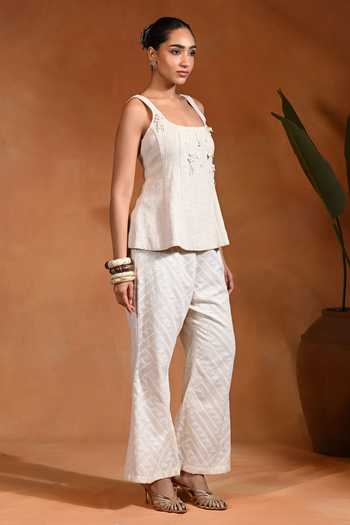 Rishi and Vibhuti_Ivory Cotton, Jacquard Square Neck Ujla Top Pant Set _Online_at_Aza_Fashions