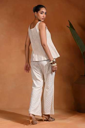 Buy_Rishi and Vibhuti_Ivory Cotton, Jacquard Square Neck Ujla Top Pant Set _Online_at_Aza_Fashions