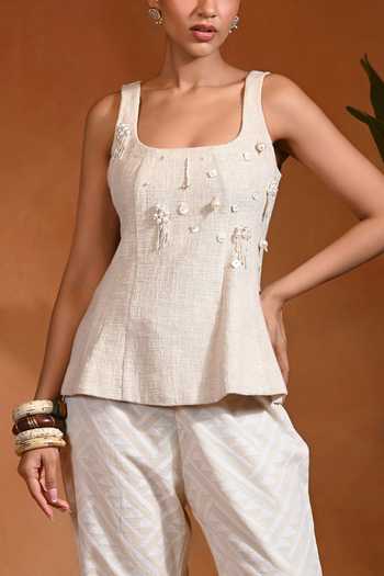 Shop_Rishi and Vibhuti_Ivory Cotton, Jacquard Square Neck Ujla Top Pant Set _Online_at_Aza_Fashions