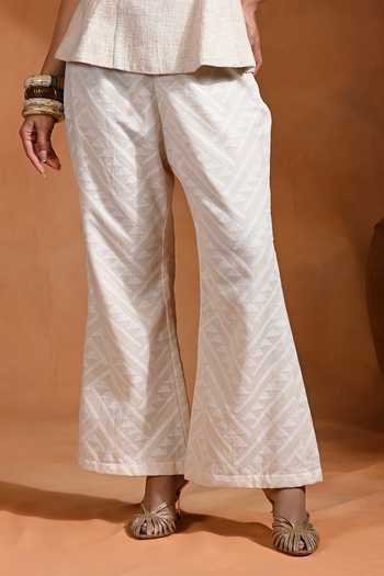 Rishi and Vibhuti_Ivory Cotton, Jacquard Square Neck Ujla Top Pant Set _at_Aza_Fashions