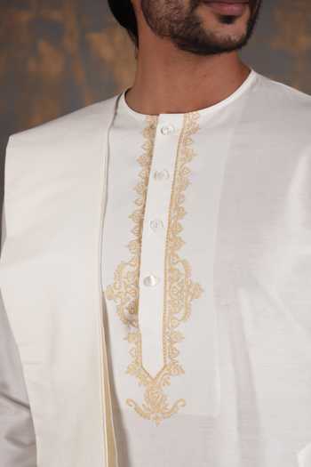 ZOOP MEN_Cream Silk, , Satin Embroidered Placket Kurta And Dhoti Pant Set _Online_at_Aza_Fashions