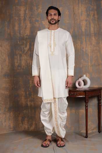 Shop_ZOOP MEN_Cream Silk, , Satin Embroidered Placket Kurta And Dhoti Pant Set _at_Aza_Fashions