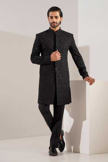 Buy_ZOOP MEN_Black Jacquard, Cotton, Satin Floral Motif Pattern Sherwani Set _at_Aza_Fashions