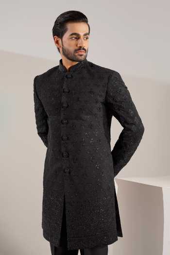 Buy_ZOOP MEN_Black Jacquard, Cotton, Satin Floral Motif Pattern Sherwani Set _Online_at_Aza_Fashions
