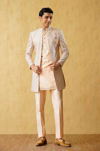 Buy_ZOOP MEN_Pink Silk, Cotton, Jacquard Thread Embroidered Sherwani Set _at_Aza_Fashions