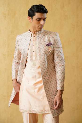 Buy_ZOOP MEN_Pink Silk, Cotton, Jacquard Thread Embroidered Sherwani Set _Online_at_Aza_Fashions