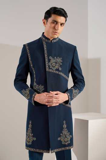 Shop_ZOOP MEN_Blue Rayon Abstract Embroidered Sherwani And Pant Set _Online_at_Aza_Fashions