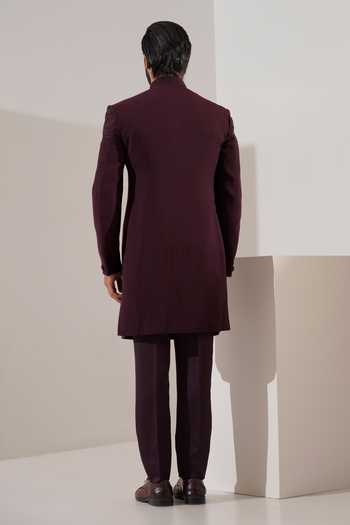 Shop_ZOOP MEN_Wine Rayon Asymmetric Sherwani And Pant Set _at_Aza_Fashions