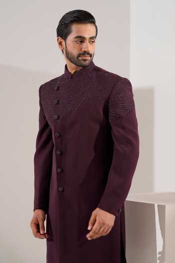 Buy_ZOOP MEN_Wine Rayon Asymmetric Sherwani And Pant Set _Online_at_Aza_Fashions