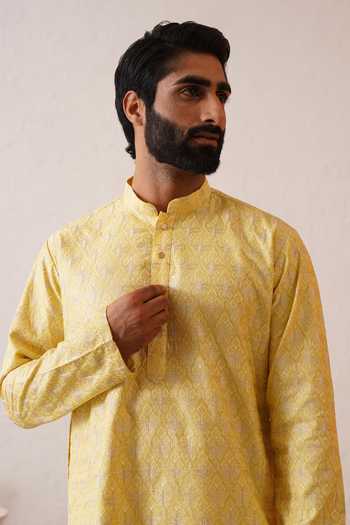 Shop_ZOOP MEN_Yellow Silk, Cotton, Cambric Benarasi Embroidered Kurta And Pant Set _Online_at_Aza_Fashions