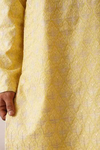 Buy_ZOOP MEN_Yellow Silk, Cotton, Cambric Benarasi Embroidered Kurta And Pant Set 