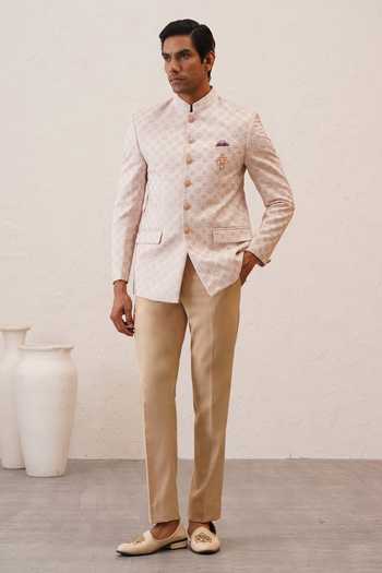 Buy_ZOOP MEN_Pink Satin, Polyester, Silk, Rayon Jacquard Bandhgala Set _at_Aza_Fashions