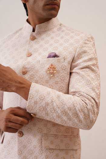 Buy_ZOOP MEN_Pink Satin, Polyester, Silk, Rayon Jacquard Bandhgala Set 