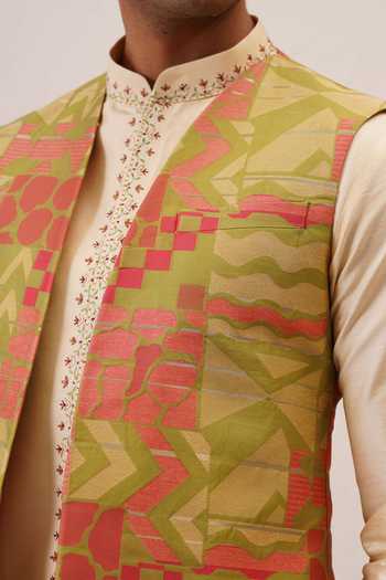 ZOOP MEN_Pink Silk, Polyester Two Tone Bundi Kurta Set _Online_at_Aza_Fashions