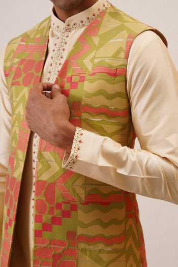 Buy_ZOOP MEN_Pink Silk, Polyester Two Tone Bundi Kurta Set _Online