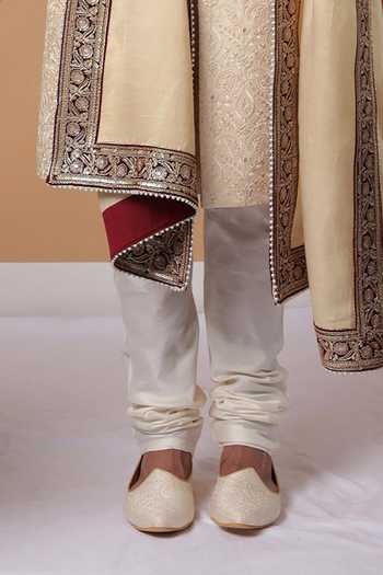 ZOOP MEN_Gold Jacquard, Silk, Satin Hand Embroidered Sherwani Set _Online_at_Aza_Fashions