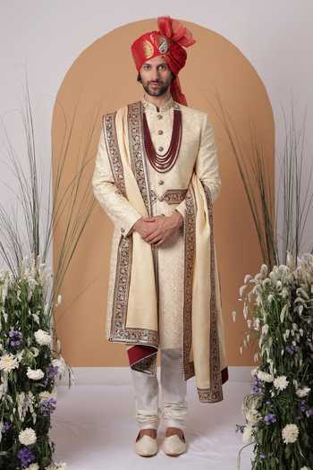 Buy_ZOOP MEN_Gold Jacquard, Silk, Satin Hand Embroidered Sherwani Set _at_Aza_Fashions