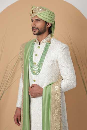 Buy_ZOOP MEN_White Jacquard, Polyester, Silk, Satin Tonal Embroidered Sherwani Set _Online_at_Aza_Fashions
