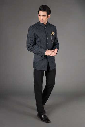 Buy_ZOOP MEN_Blue Jacquard, Rayon Embroidery Bandhgala And Trouser Set _at_Aza_Fashions
