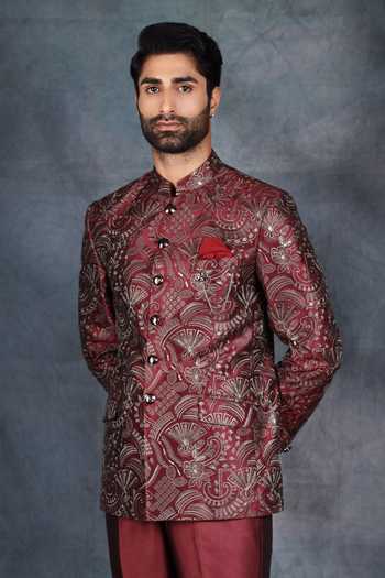 Shop_ZOOP MEN_Red Jacquard, Rayon Embroidered Bandhgala Set _at_Aza_Fashions