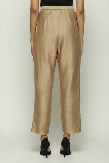Shop_Abraham And Thakore_Beige Chanderi Plain Trouser _at_Aza_Fashions