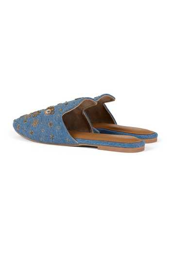 Anaar_Blue Ishara Embroidered Denim Mules _Online_at_Aza_Fashions