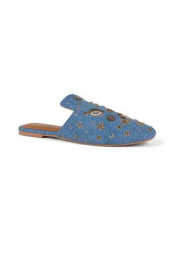Anaar_Blue Ishara Embroidered Denim Mules _at_Aza_Fashions