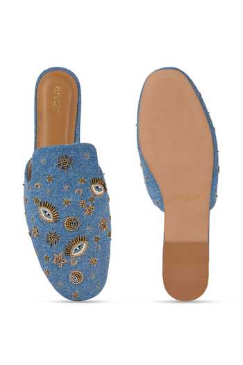 Shop_Anaar_Blue Ishara Embroidered Denim Mules _at_Aza_Fashions