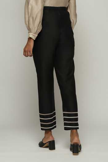 Shop_Abraham And Thakore_Black Chanderi Lace Embellished Hem Trouser _at_Aza_Fashions