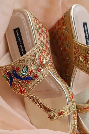 Shradha Hedau Footwear Couture_Gold Inara Peacock Embroidered Wedges _Online_at_Aza_Fashions