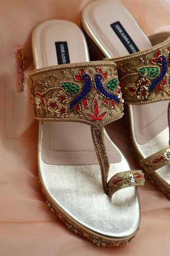 Buy_Shradha Hedau Footwear Couture_Gold Inara Peacock Embroidered Wedges _at_Aza_Fashions
