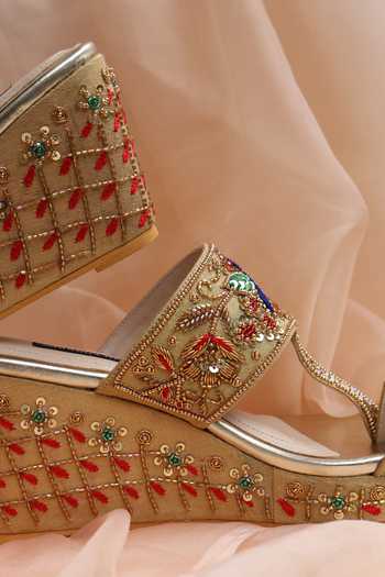 Buy_Shradha Hedau Footwear Couture_Gold Inara Peacock Embroidered Wedges 