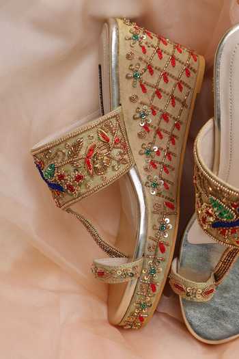 Shop_Shradha Hedau Footwear Couture_Gold Inara Peacock Embroidered Wedges _at_Aza_Fashions