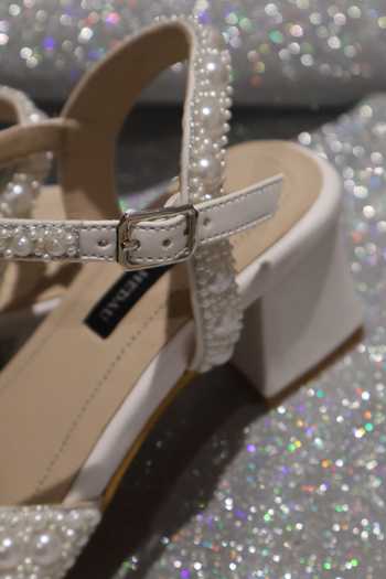 Shop_Shradha Hedau Footwear Couture_White Selene Pearl Hand Embellished Heels _Online