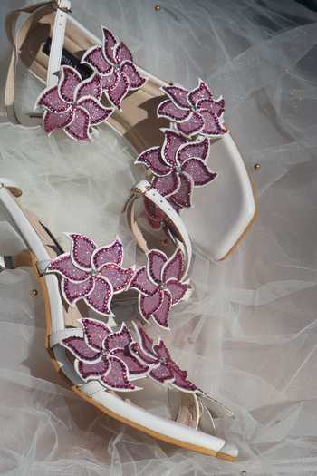 Shop_Shradha Hedau Footwear Couture_White Viola Floral Vine Strap Heels _at_Aza_Fashions